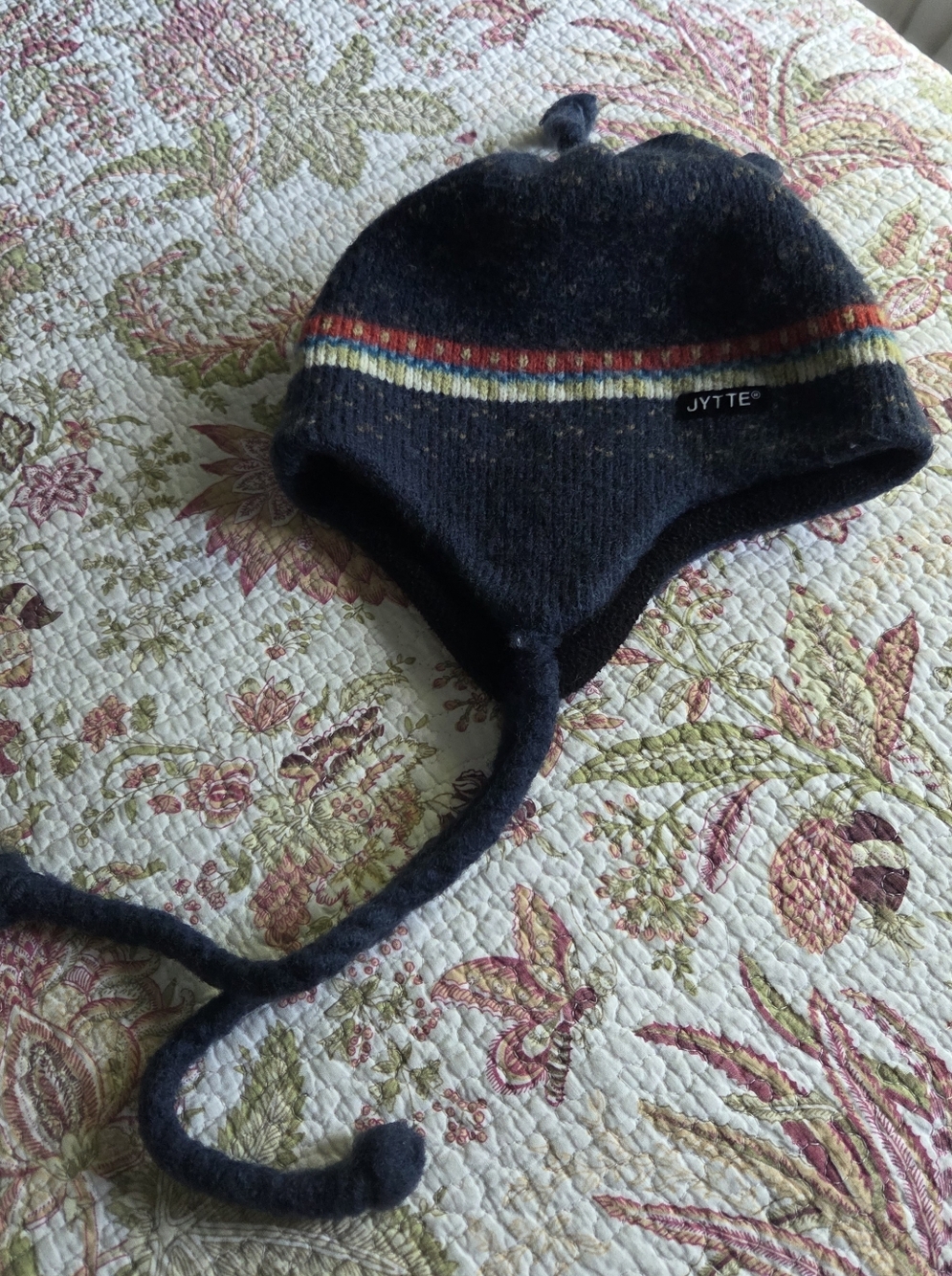 Jytte Navy Earflap Knit Wool Hat with Rainbow Stripe